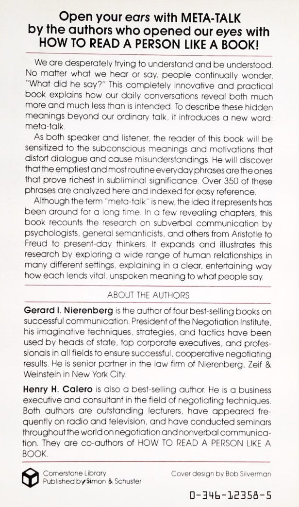 Livre Meta-Talk: The Guide to Hidden Meanings in Conversations - Gerard I. Nierenberg (Livre d'oc...