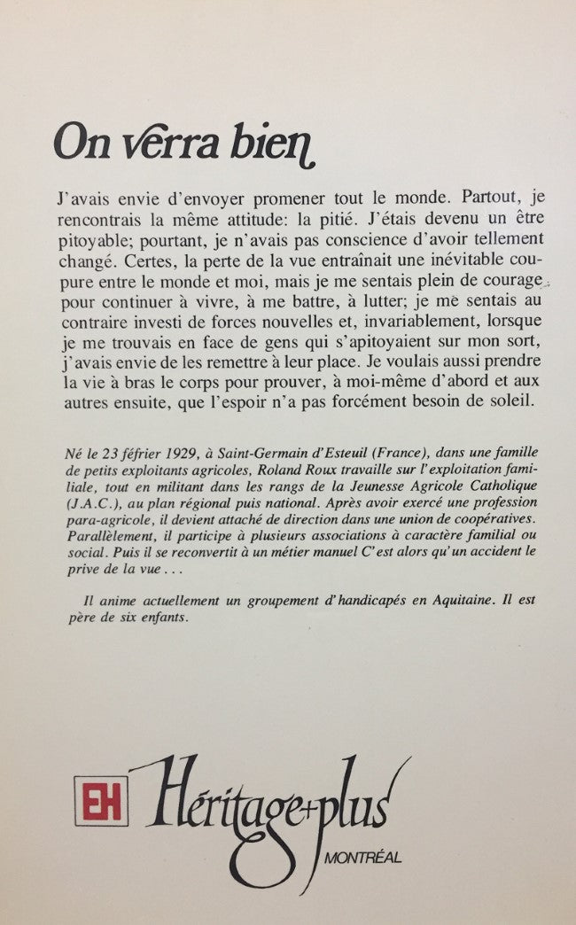 Livre On verra bien - Roland Roux (Livre d'occasion) - ISBN 0777338599