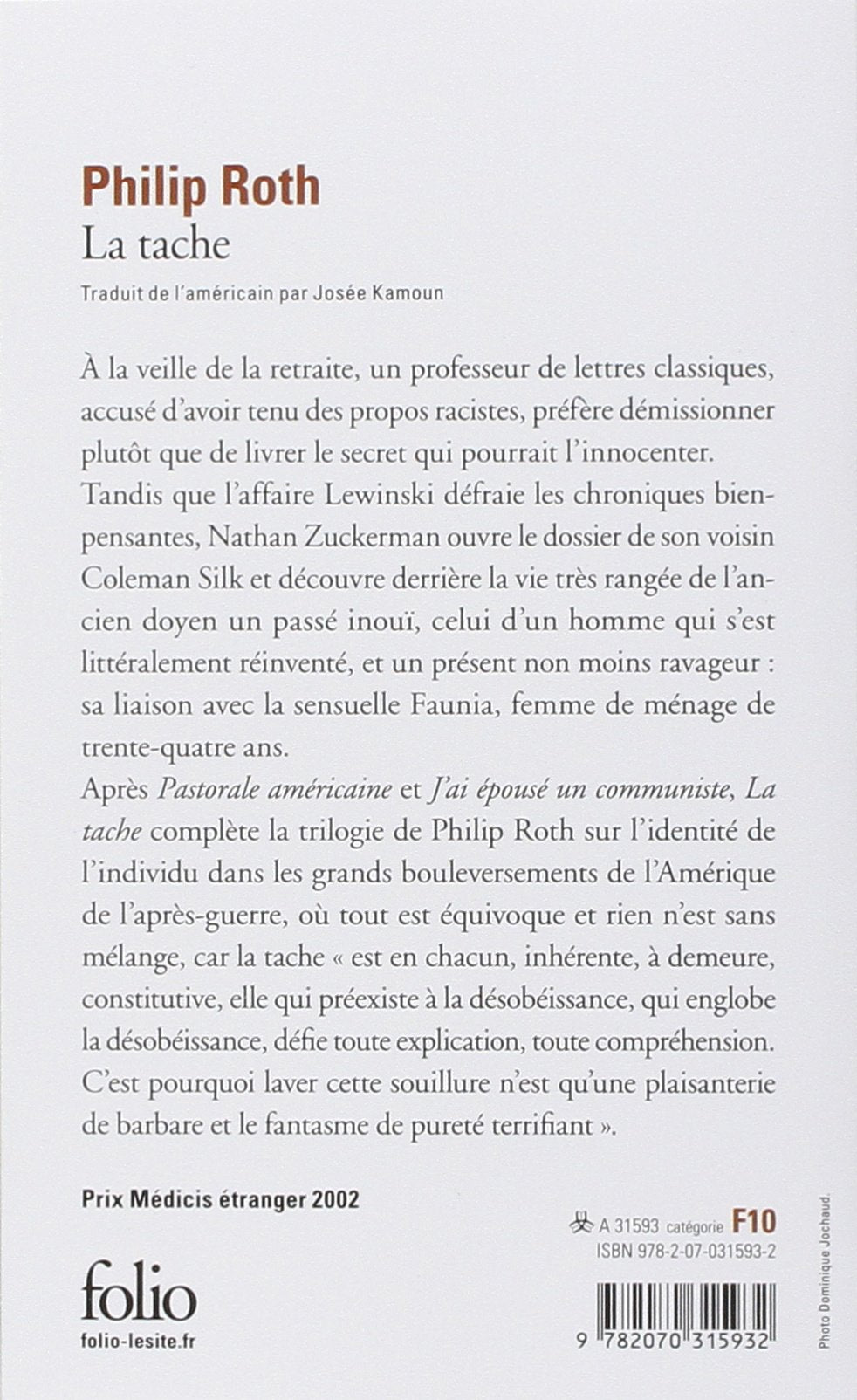 Livre La tache (Philip Roth) (Livre d'occasion) - ISBN 2070315932