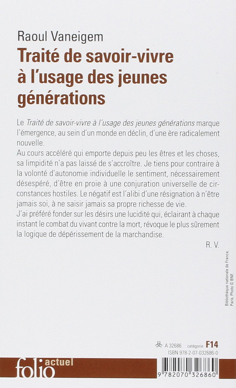 Livre Traité de savoir-vivre à l'usage des jeunes générations - Raoul Vaneigem (Livre d'occasion)...