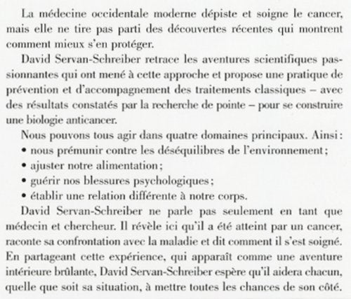 Livre Anticancer : Prévenir et lutter grâce à nos défenses naturelles - David Servan-Schreiber (L...