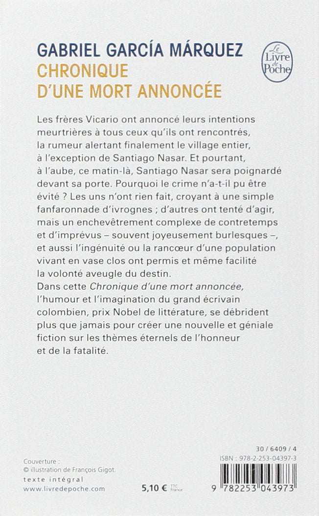 Livre Chronique d'une mort annoncée - Gabriel Garcia Marquez (Livre d'occasion) - ISBN 2253043974