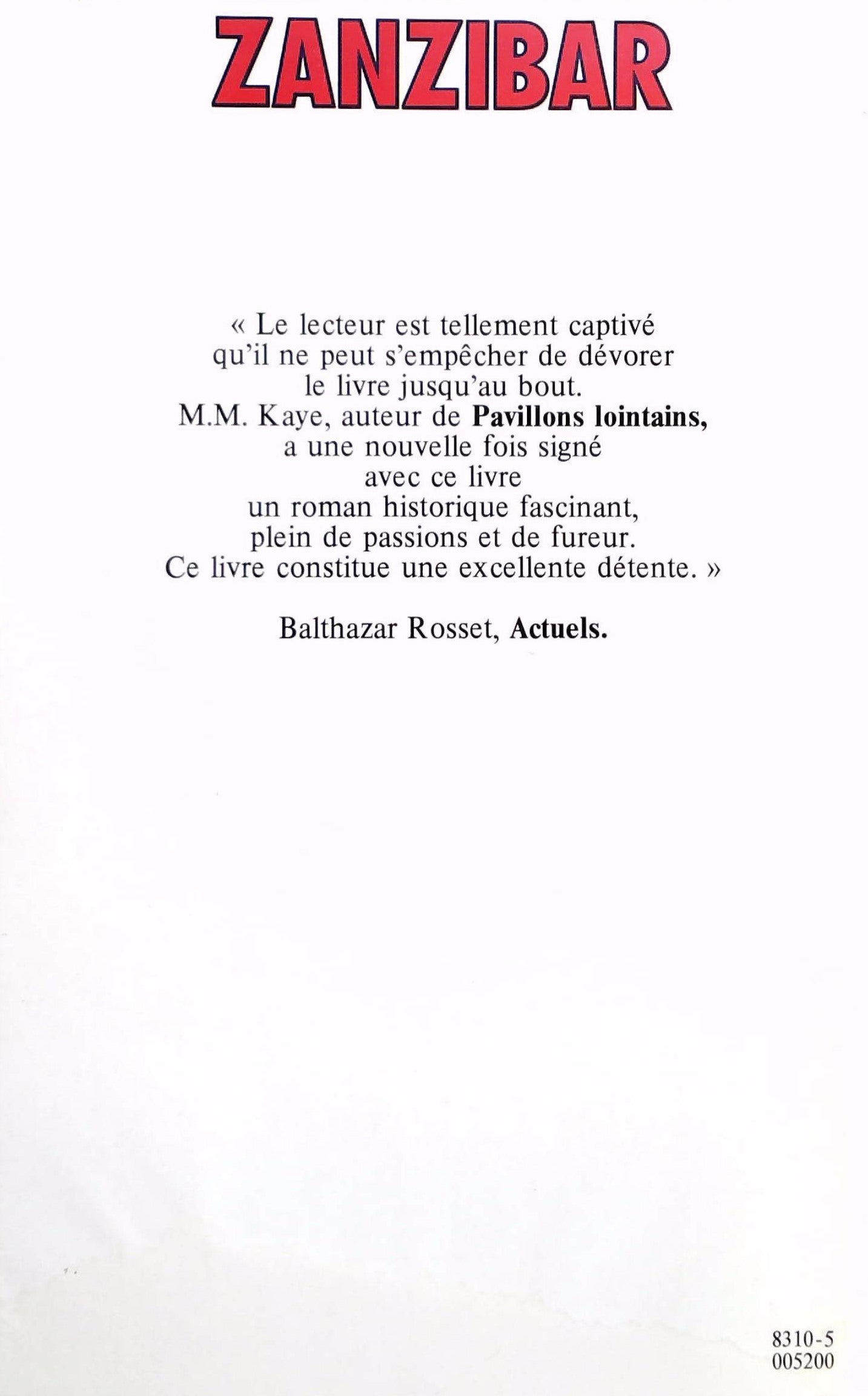 Livre Zanzibar - M.M Kaye (Livre d'occasion) - ISBN 2724215966