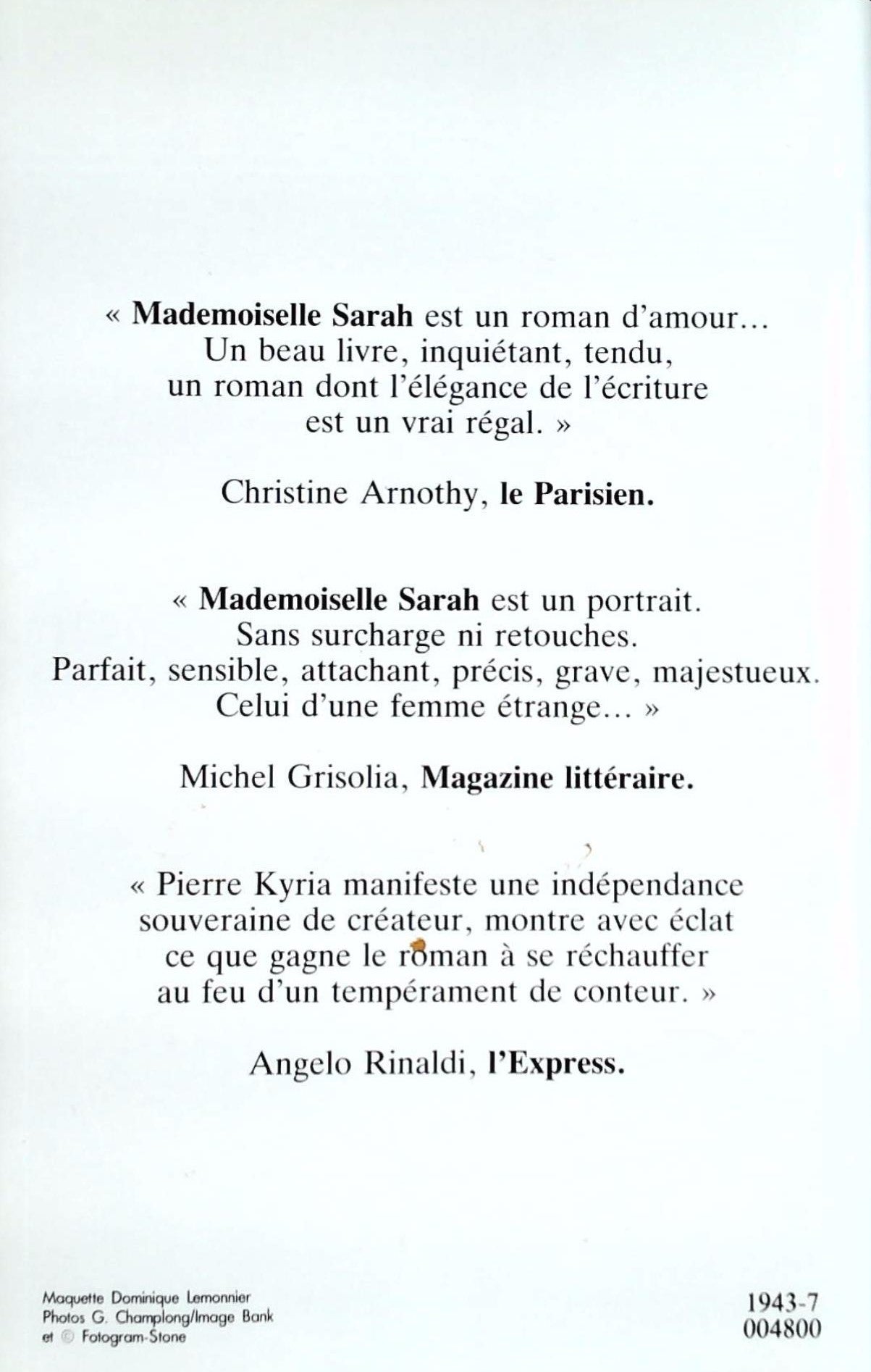 Livre Mademoiselle Sarah - Pierre Kyria (Livre d'occasion) - ISBN 2724231082
