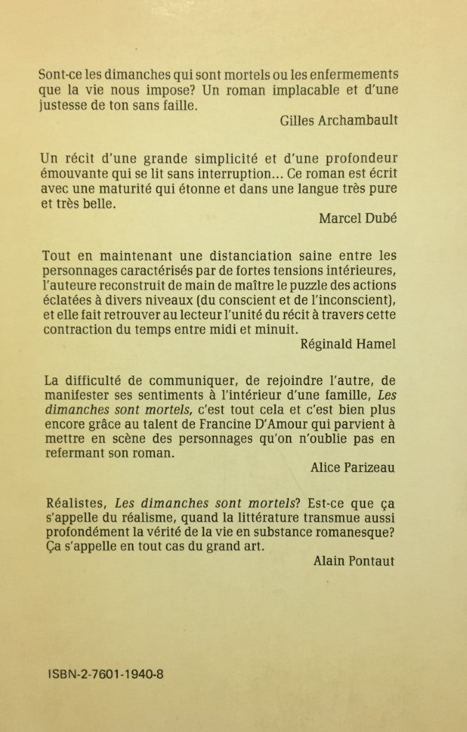 Livre Les dimanches sont mortels - Francine D'Amour (Livre d'occasion) - ISBN 2760119408