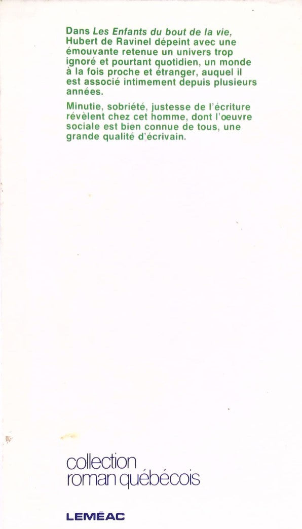 Livre Les enfants du bout de la vie - Hubert de Ravinel (Livre d'occasion) - ISBN 2760930394