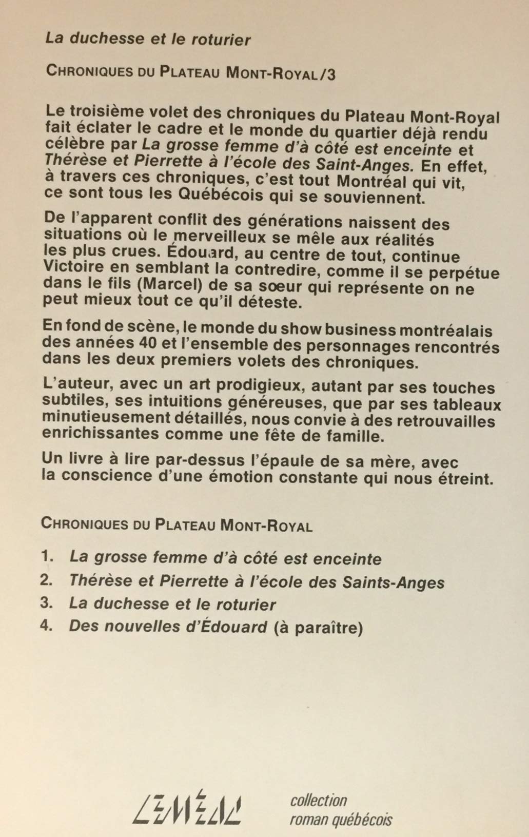 Livre La duchesse et le roturier (Michel Tremblay) (Livre d'occasion) - ISBN 276093067X