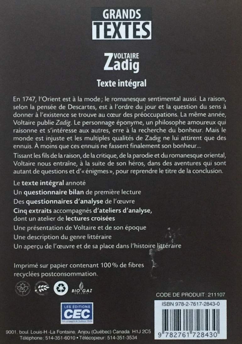 Livre Grands Textes : Zadig ou la destinée (Voltaire) (Livre neuf) - ISBN 2761728432