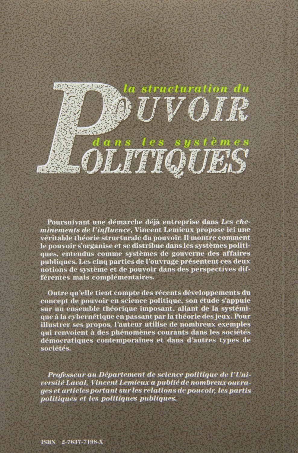 Livre La structuration du pouvoir dans les systèmes politiques - Vincent Lemieux (Livre d'occasio...