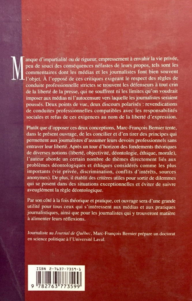 Livre Éthique et déontologie du journalisme - Marie-François Bernier (Livre d'occasion) - ISBN 27...
