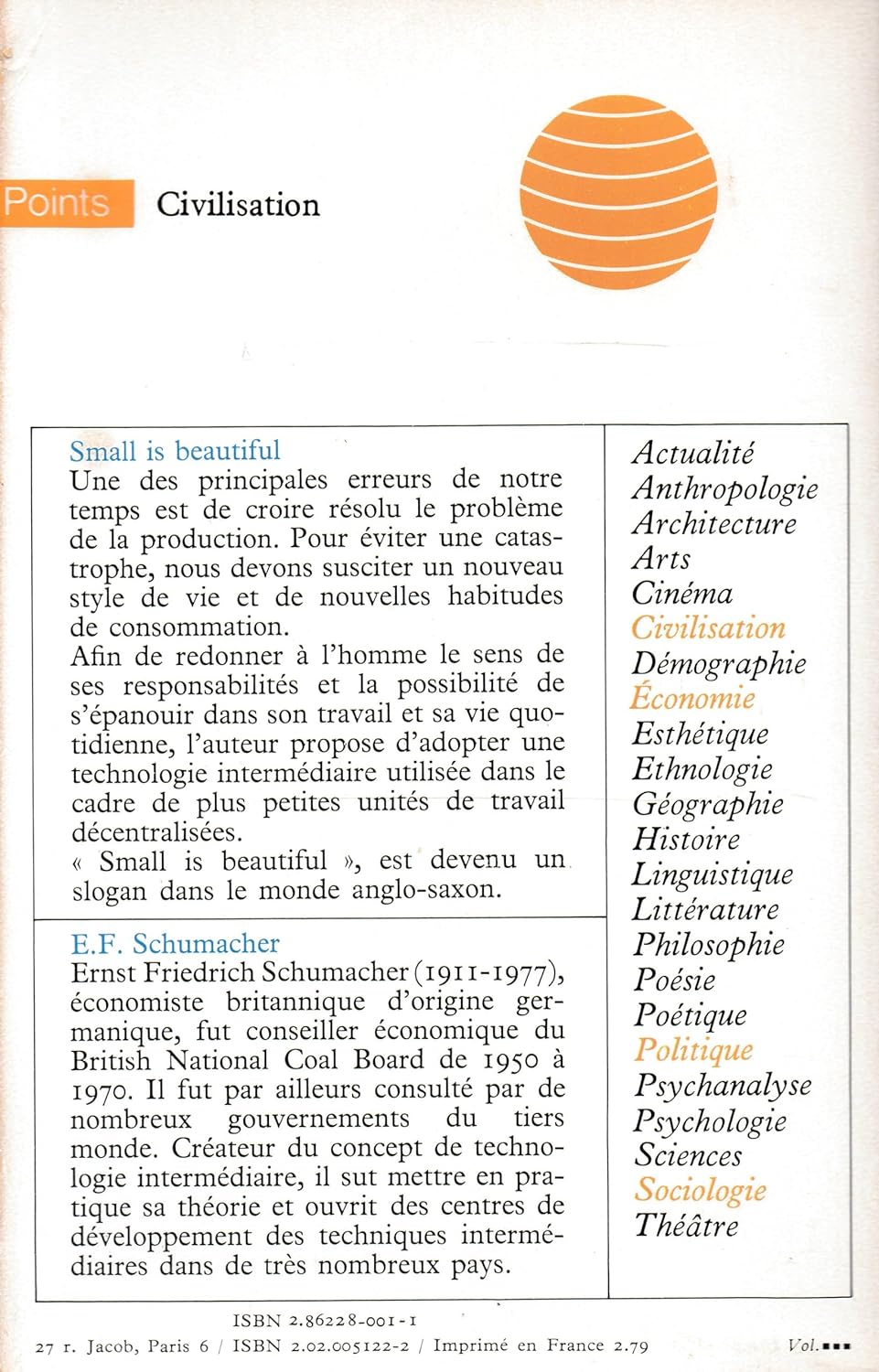 Livre Small is beautiful : Une société à la mesure de l'homme - E.F. Schumacher (Livre d'occasion...
