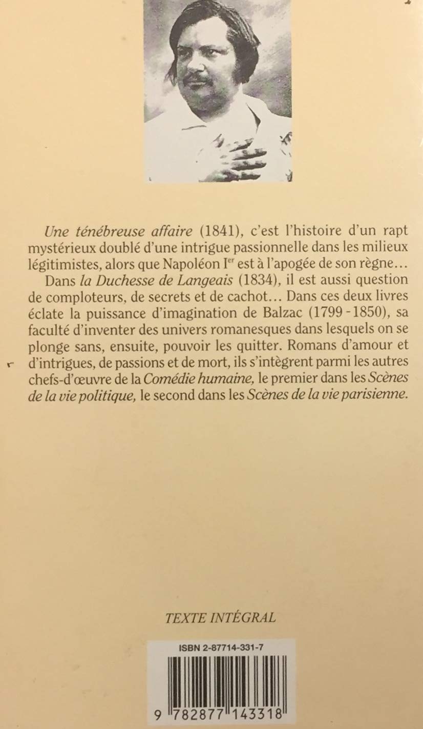 Livre La duchesse de Langeais - Une ténébreuse affaire - Honoré De Balzac (Livre d'occasion) - IS...