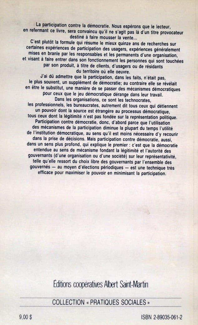Livre La participation contre la démocratie - Jacques Godbout (Livre d'occasion) - ISBN 2890350612