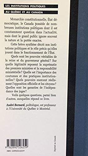 Livre Les institutions politiques au Québec et au Canada - André Bernard (Livre d'occasion) - ISB...