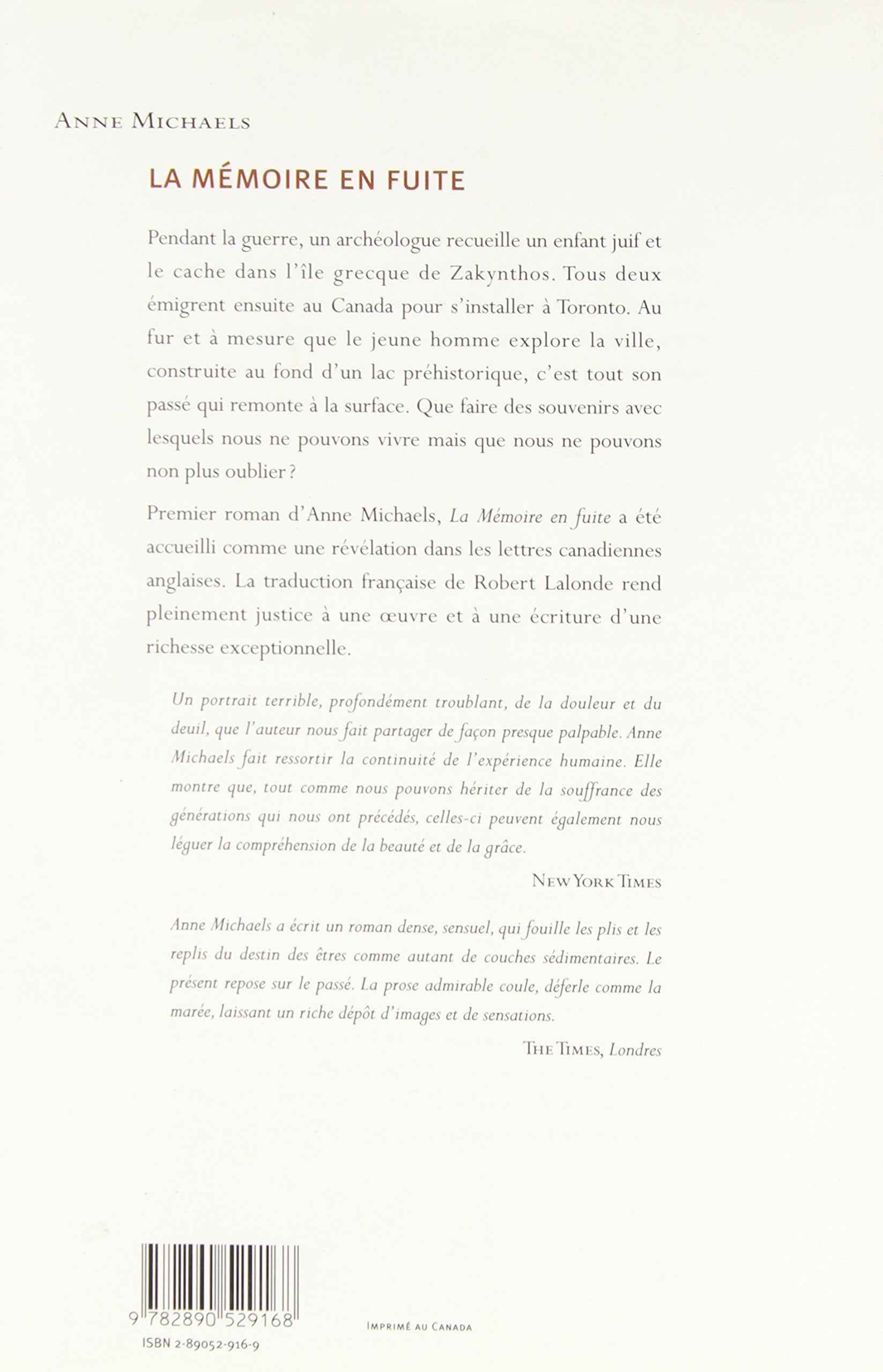 Livre La mémoire en fuite - Anne Michaels (Livre d'occasion) - ISBN 2890529169