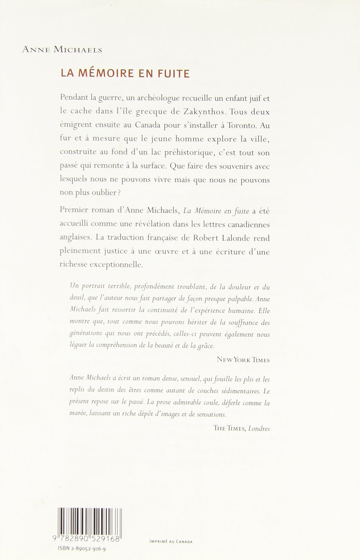 Livre La mémoire en fuite (Anne Michaels) (Livre d'occasion) - ISBN 2890529169