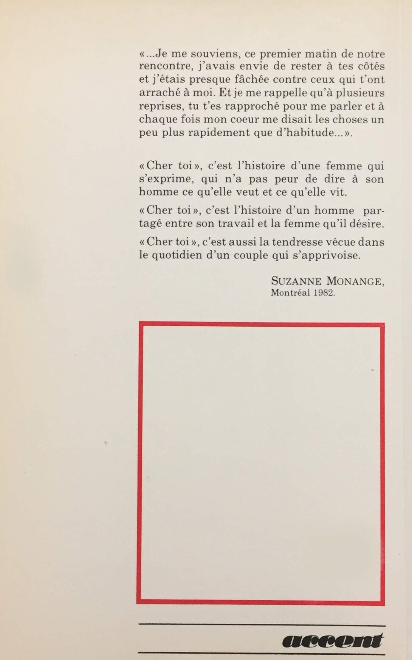 Livre Cher toi - Suzanne Monange (Livre d'occasion) - ISBN 2890660613