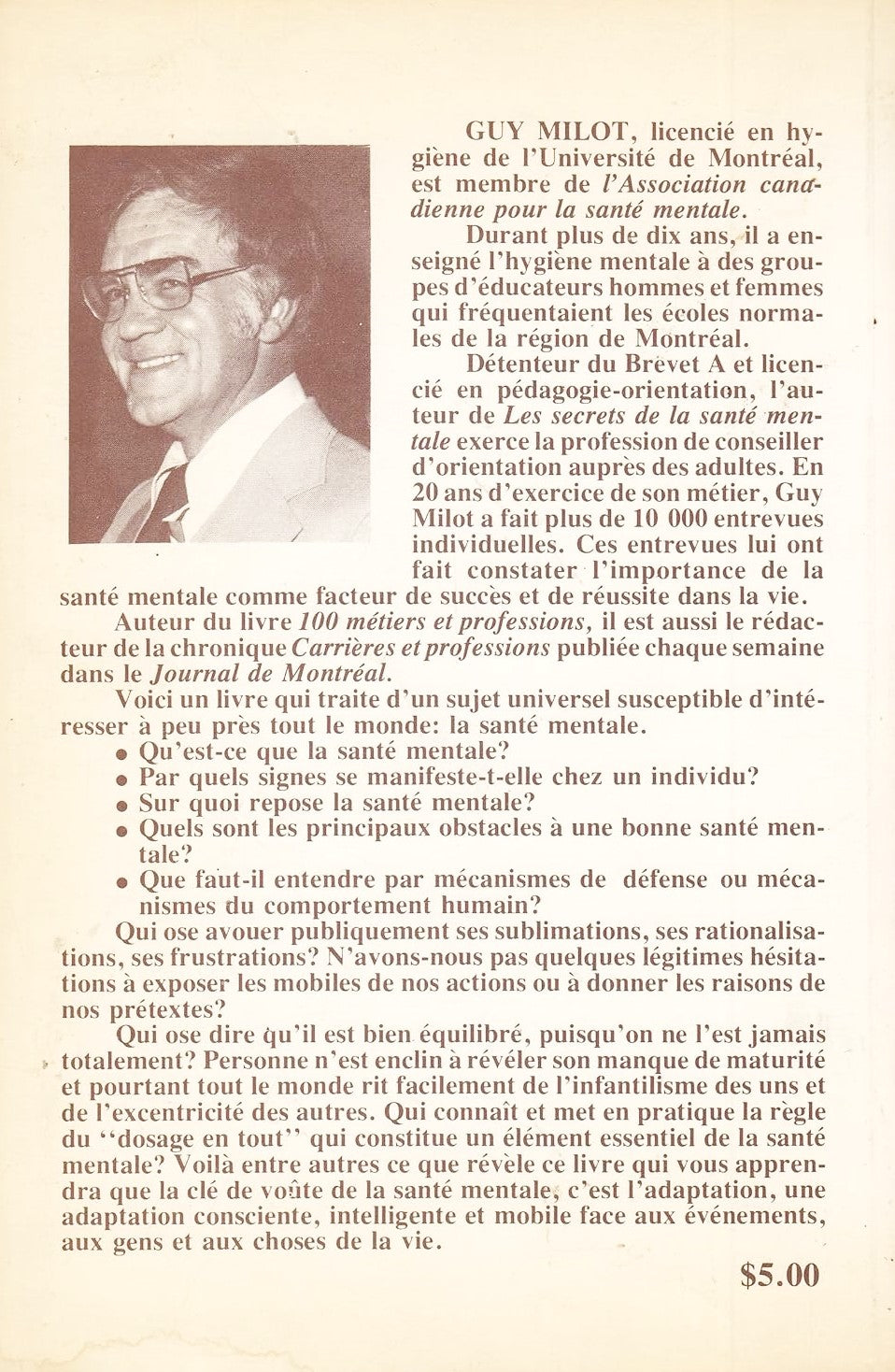 Livre Les secrets de la santé mentale - Guy Milot (Livre d'occasion) - ISBN 2890890597