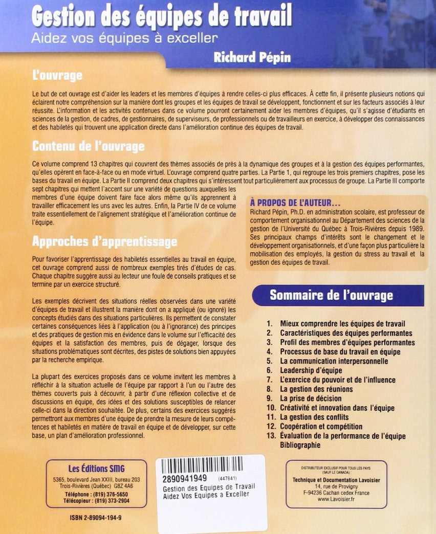 Livre Gestion des équipes de travail : Aidez vos équipes à exceller (Richard Pépin) (Livre...