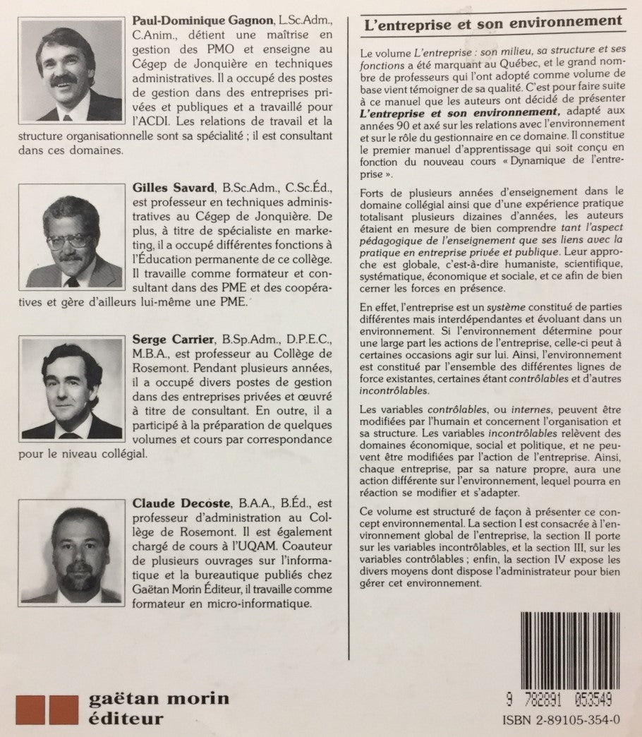 Livre L'Entreprise et son environnement - Paul Dominique Gagnon (Livre d'occasion) - ISBN 2891053540