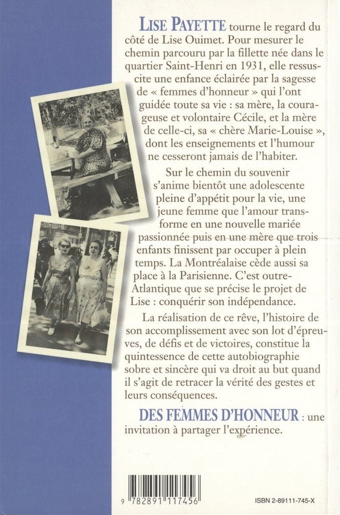 Livre Des femmes d'honneur: Une vie privée (1931-1968) - Lise Payette (Livre d'occasion) - ISBN 2...
