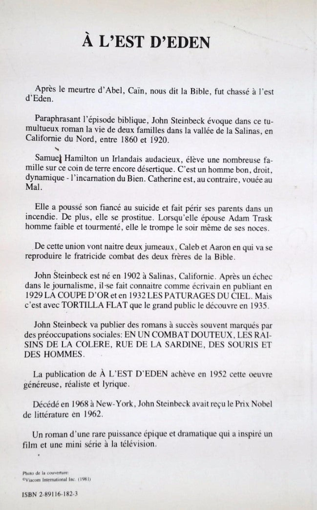 Livre À l'est d'Eden - John Steinbeck (Livre d'occasion) - ISBN 2891161823