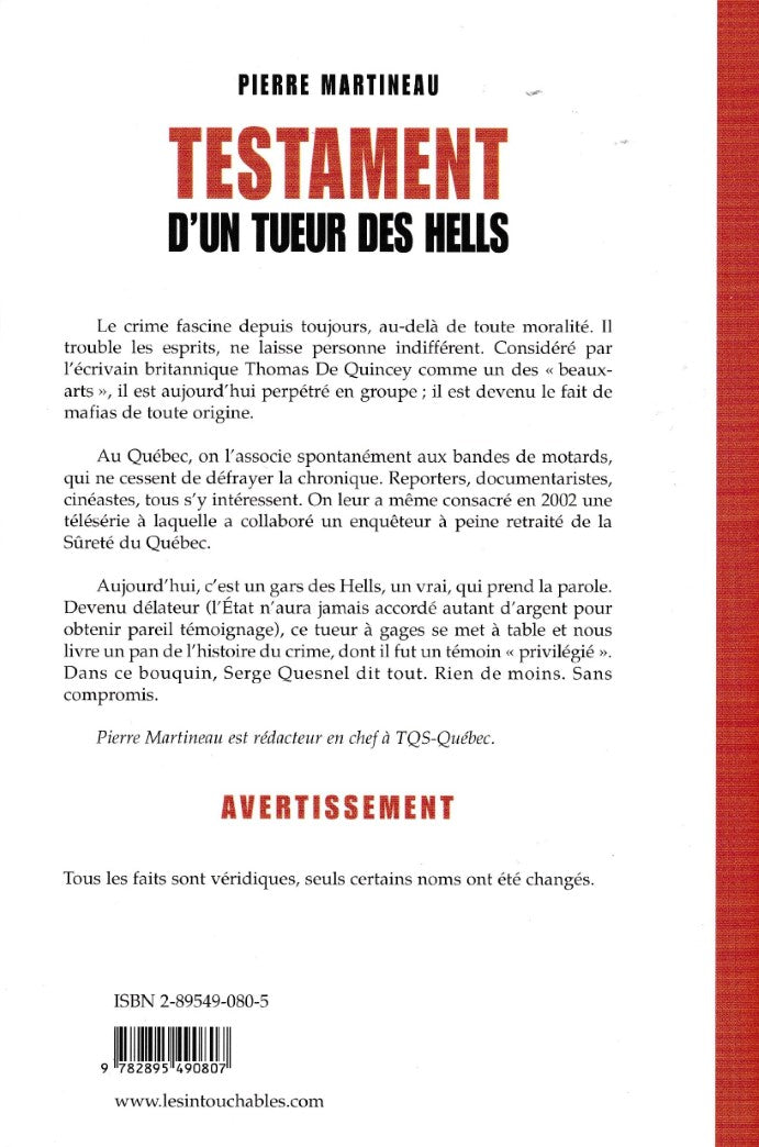 Livre Testament d'un tueur des Hells - Pierre Martineau (Livre d'occasion) - ISBN 2895490805