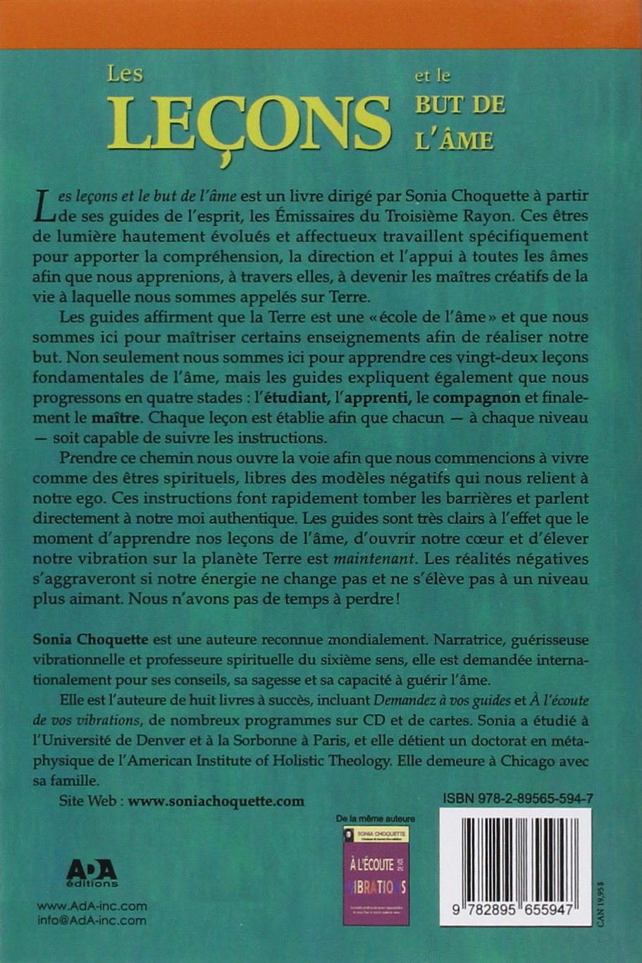 Livre Les leçons et les buts de l'âme (Sonia Choquette) (Livre d'occasion) - ISBN 2895655944