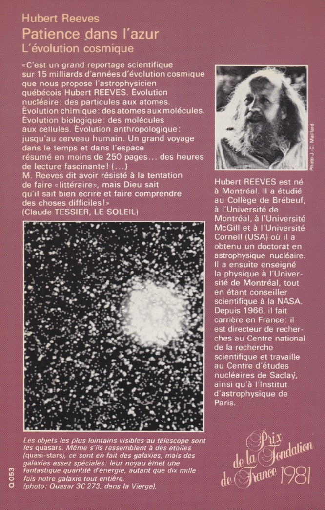 Livre Patience dans l'azur : L'évolution cosmique - Hubert Reeves (Livre d'occasion) - ISBN 29200...