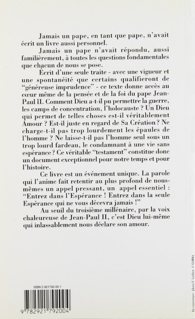 Livre Entrez dans l'espérance - Jean-Paul II (Livre d'occasion) - ISBN 2921792001