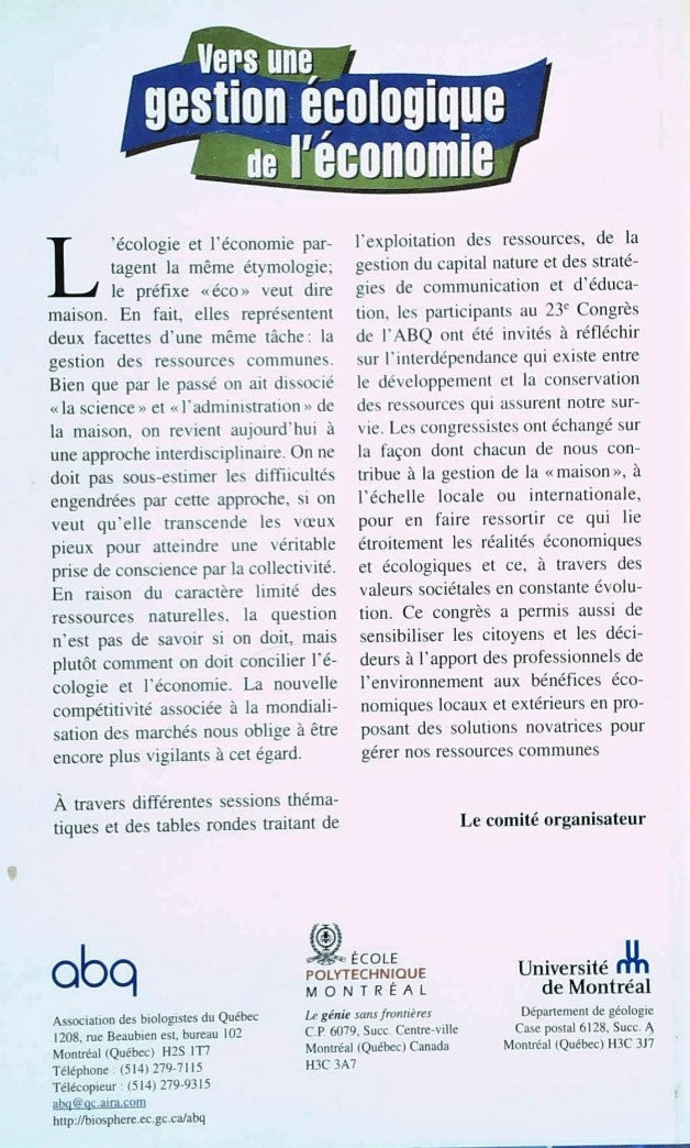Livre Vers une gestion écoogique de l'économie - Duchene (Livre d'occasion) - ISBN 2922146138
