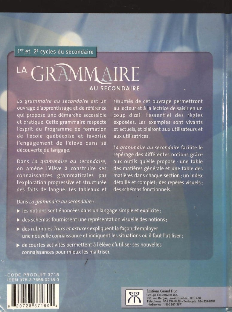 Livre La grammaire au secondaire (1er et 2e cycles du secondaire) - Louise Côté (Livre d'occasion...