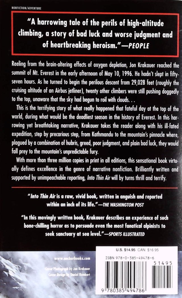 Livre Into Thin Air - Jon Krakauer (Livre d'occasion) - ISBN 0385494785
