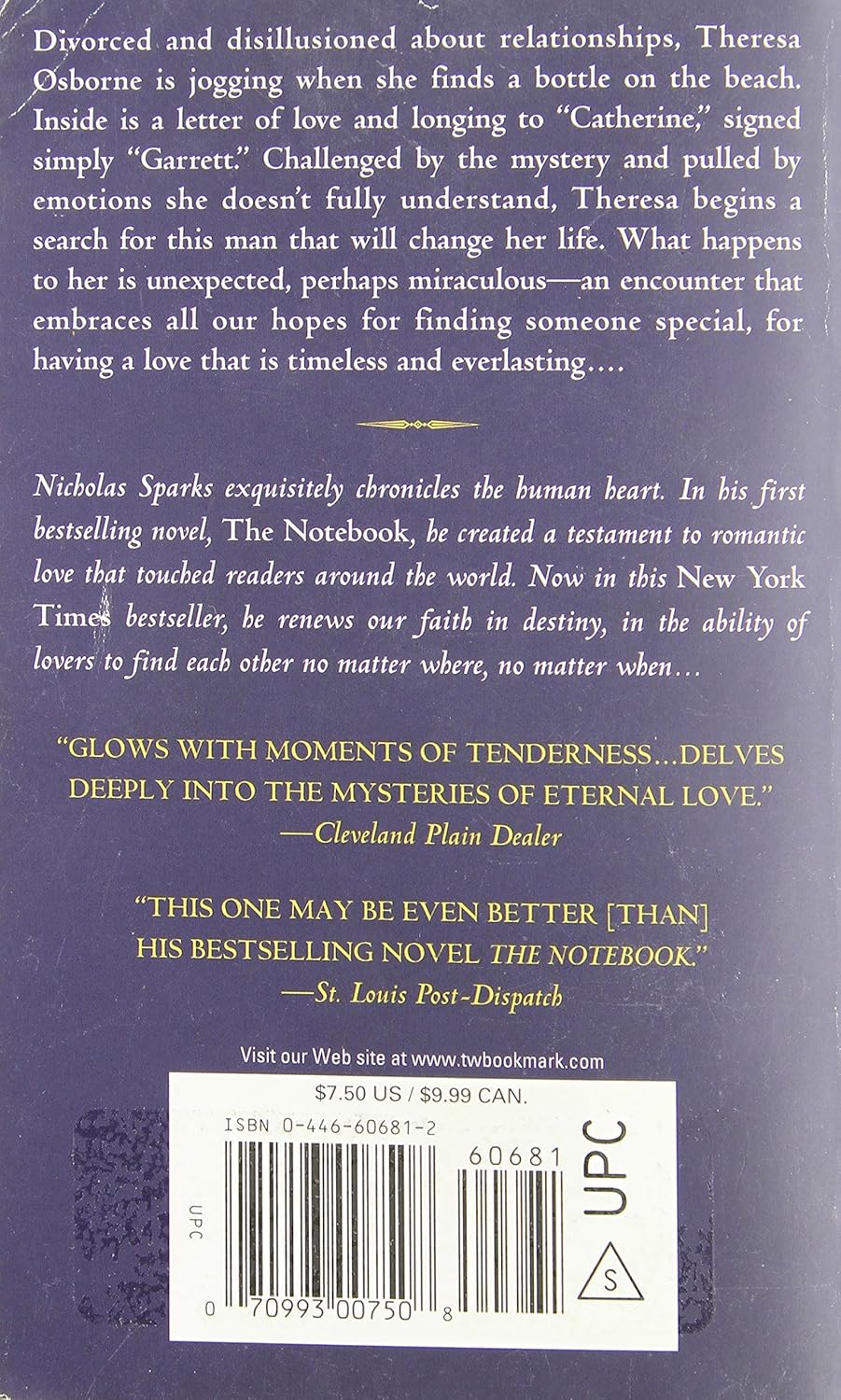 Livre Message in a Bottle - Nicholas Sparks (Livre d'occasion) - ISBN 0446606812