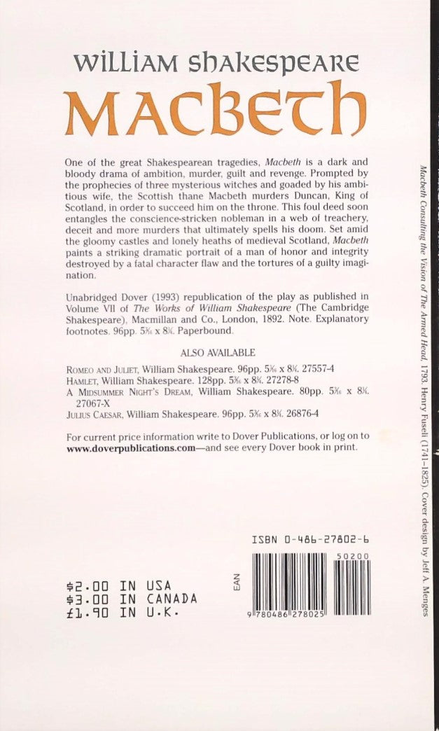 Livre Macbeth (Dover Thrift Editions) - William Shakespeare (Livre d'occasion) - ISBN 0486278026