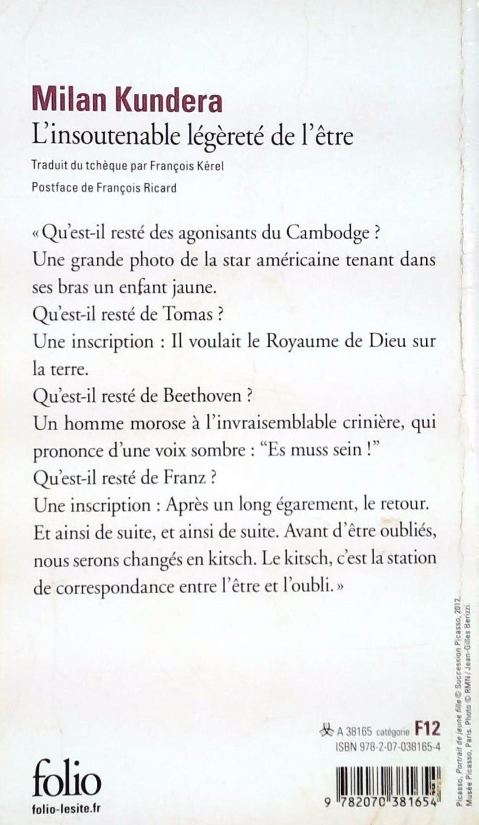Livre L'insoutenable légerté de l'être - Milan Kundera (Livre d'occasion) - ISBN 207038165X