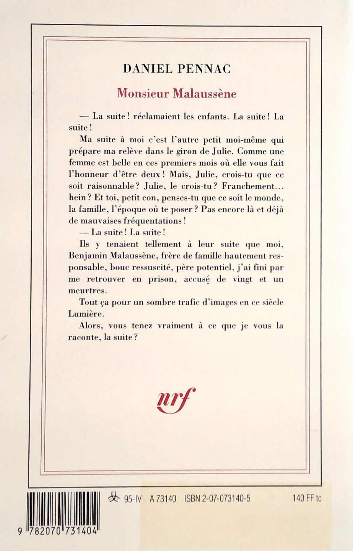 Livre Monsieur Malaussène (Daniel Pennac) (Livre neuf) - ISBN 2070731405