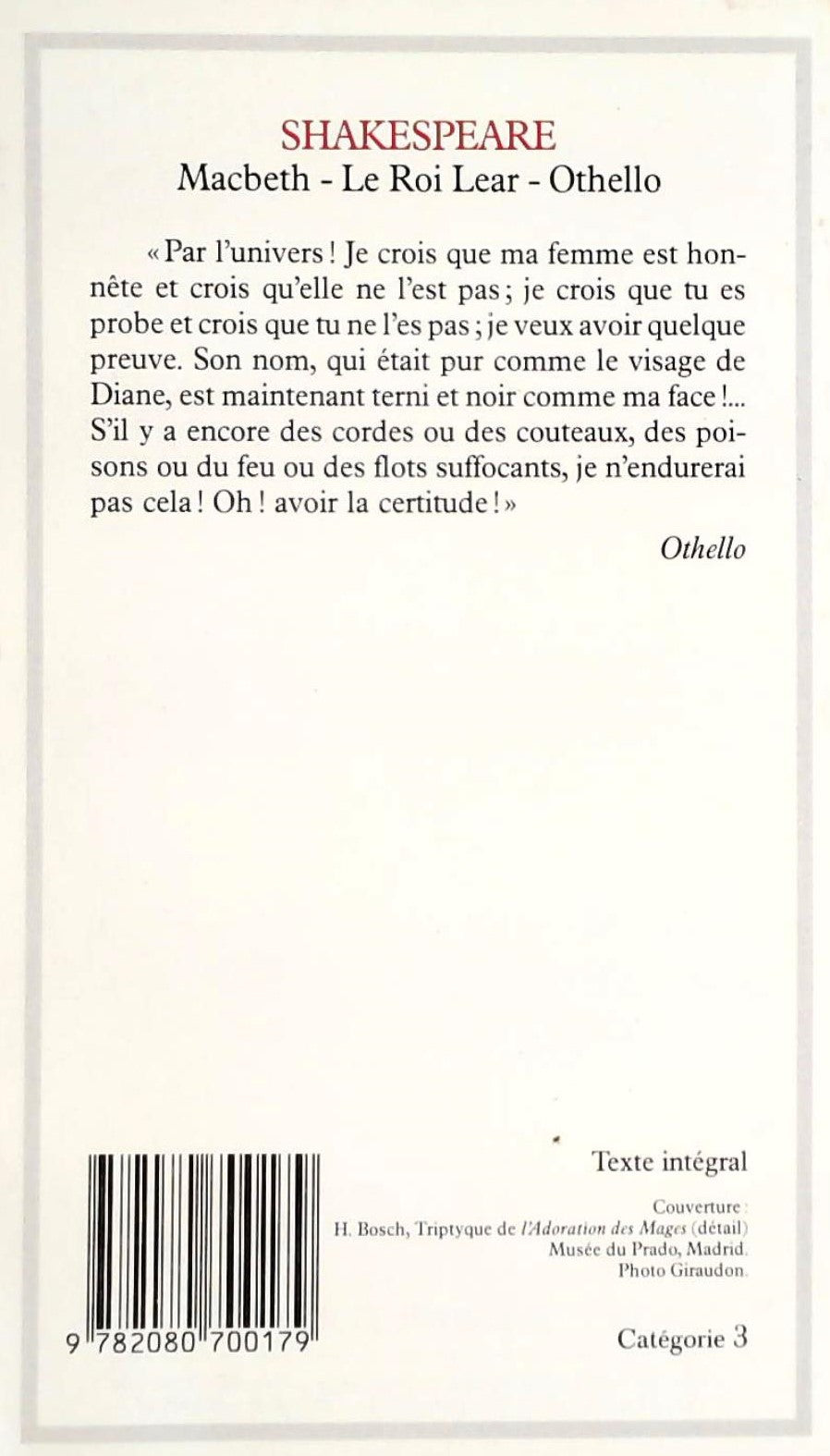 Livre Othello Macbeth : Le roi lear - Shakespeare (Livre d'occasion) - ISBN 2080700170