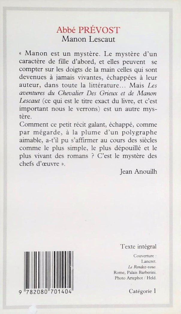 Livre Manon Lescaut - Abbé Prévost (Livre d'occasion) - ISBN 2080701401