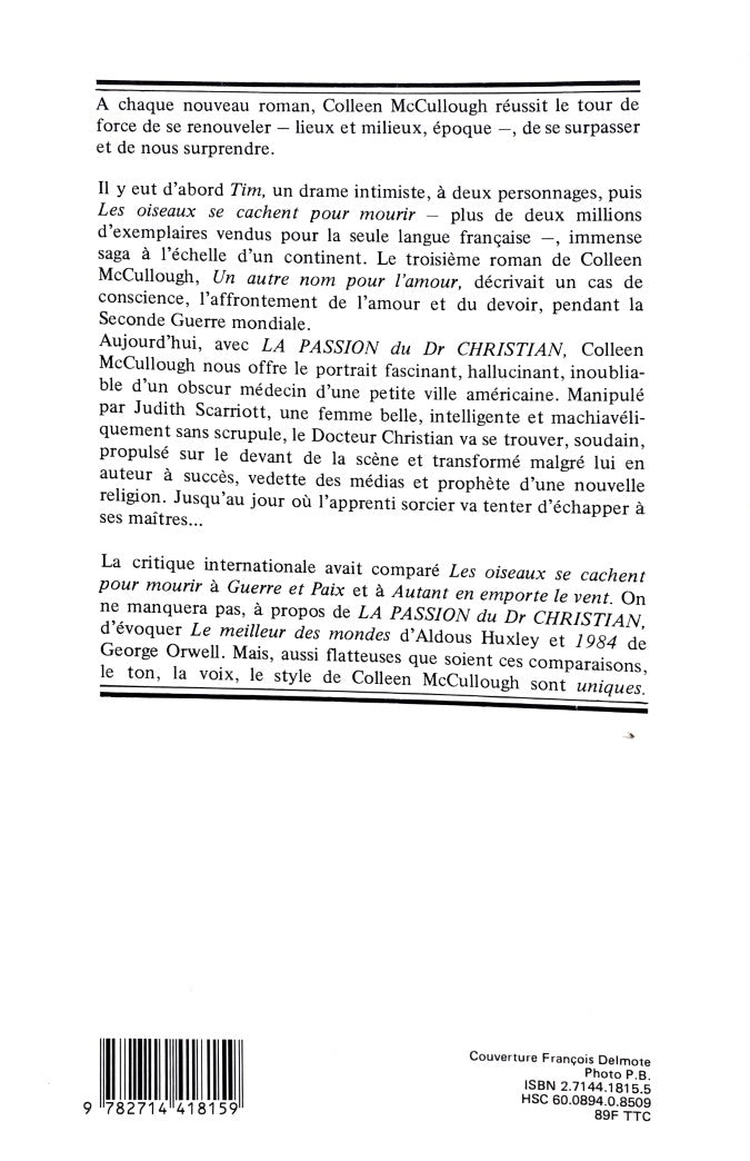 Livre La passion du Dr Christian - Colleen McCullough (Livre d'occasion) - ISBN 2714418155