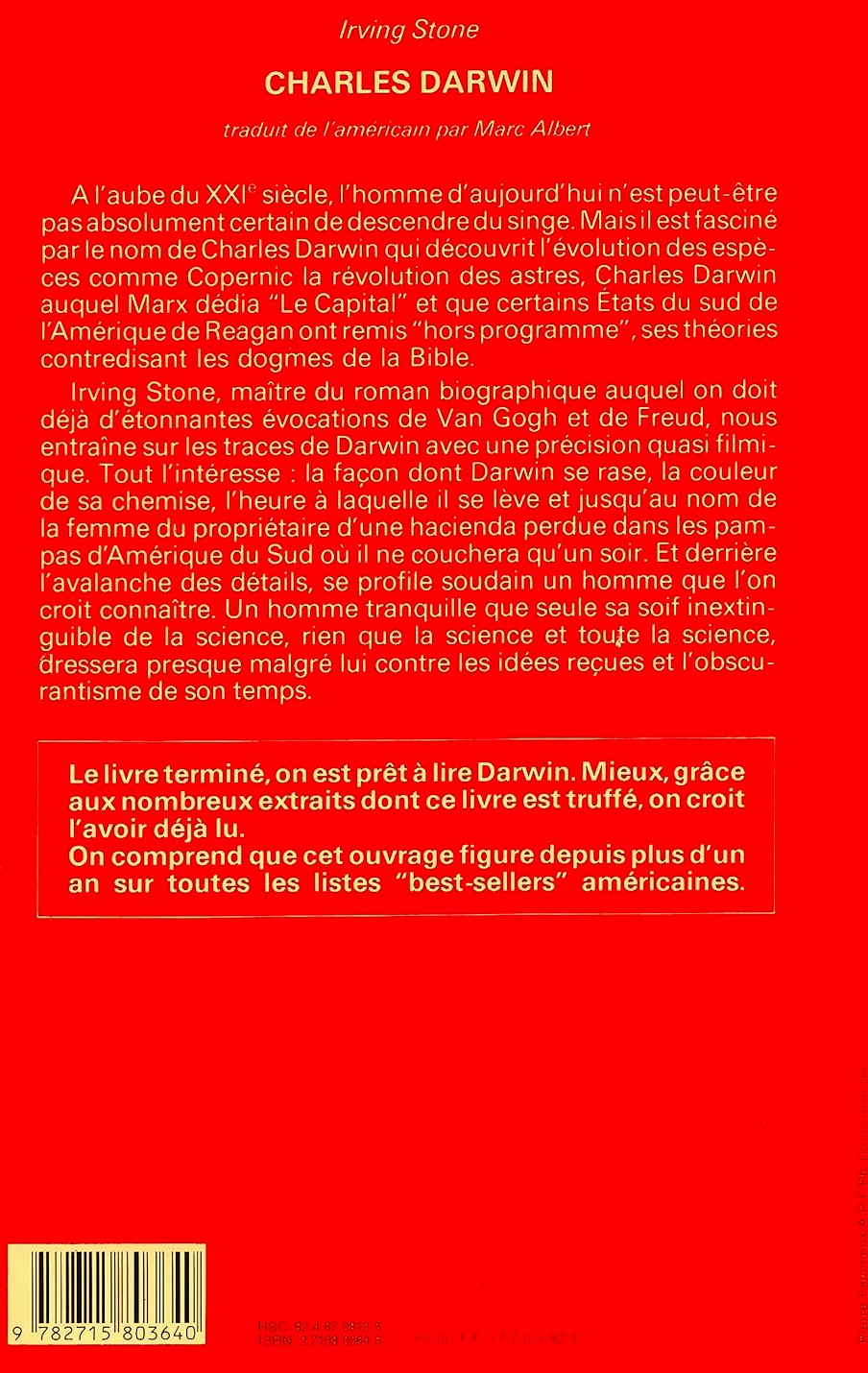 Livre Charles Darwin : Le roman de nos origines - Irving Stone (Livre d'occasion) - ISBN 2715803648