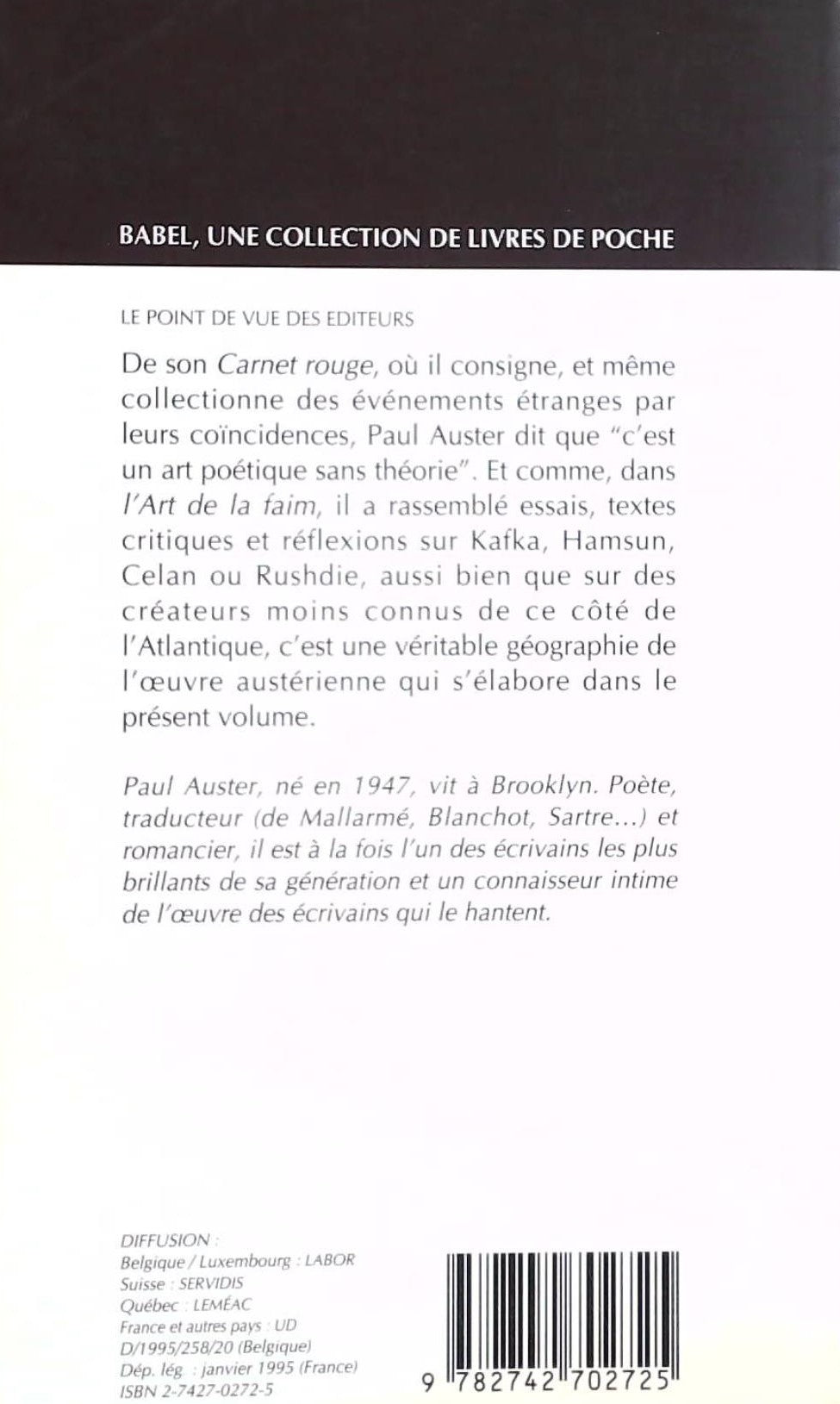Livre Le carnet rouge l'art de la faim (Paul Auster) (Livre d'occasion) - ISBN 2742702725