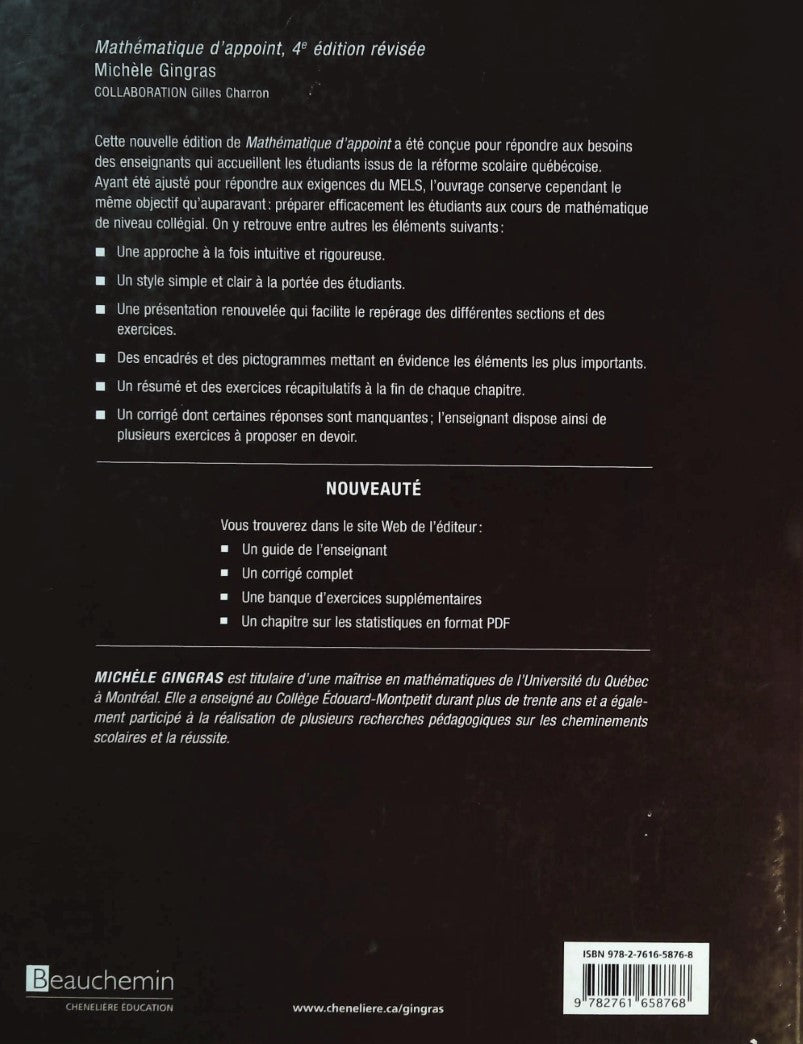 Livre Mathématique d’appoint (4e édition révisée) - Michèle Gingras (Livre d'occasion) - ISBN 276...