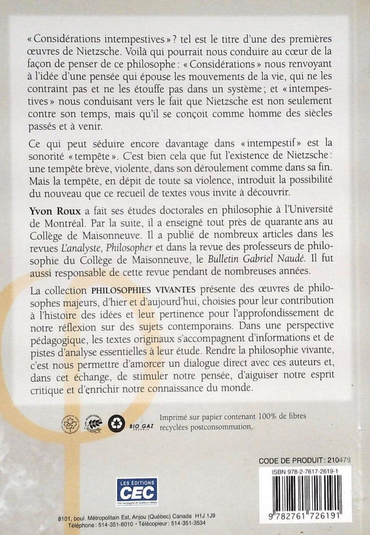 Livre Philosophie vivante : Penseur intempestif (Nietzsche) (Livre d'occasion) - ISBN 2761726197