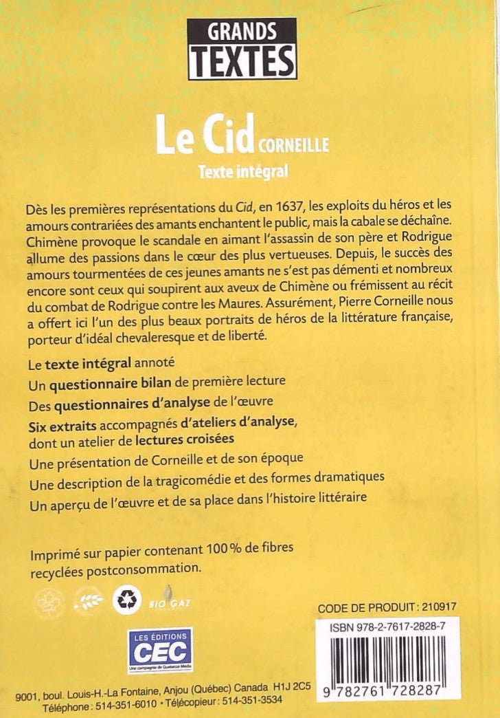 Livre Grands Textes : Le Cid (Corneille) (Livre d'occasion) - ISBN 2761728289