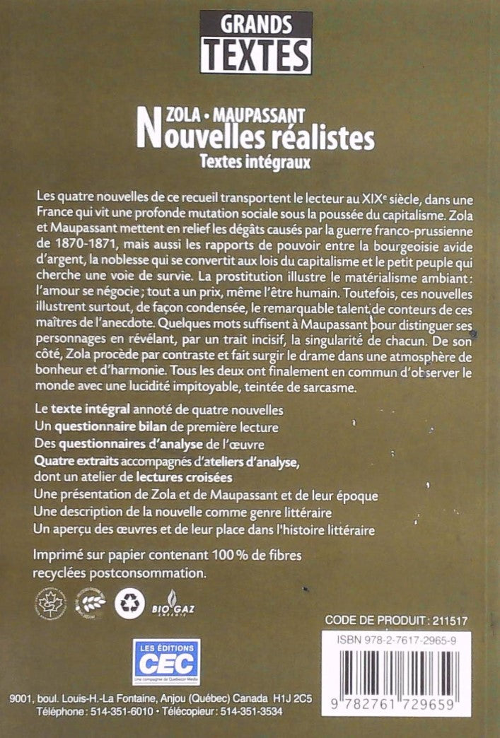 Livre Nouvelles réalistes - Zola (Livre d'occasion) - ISBN 276172965X