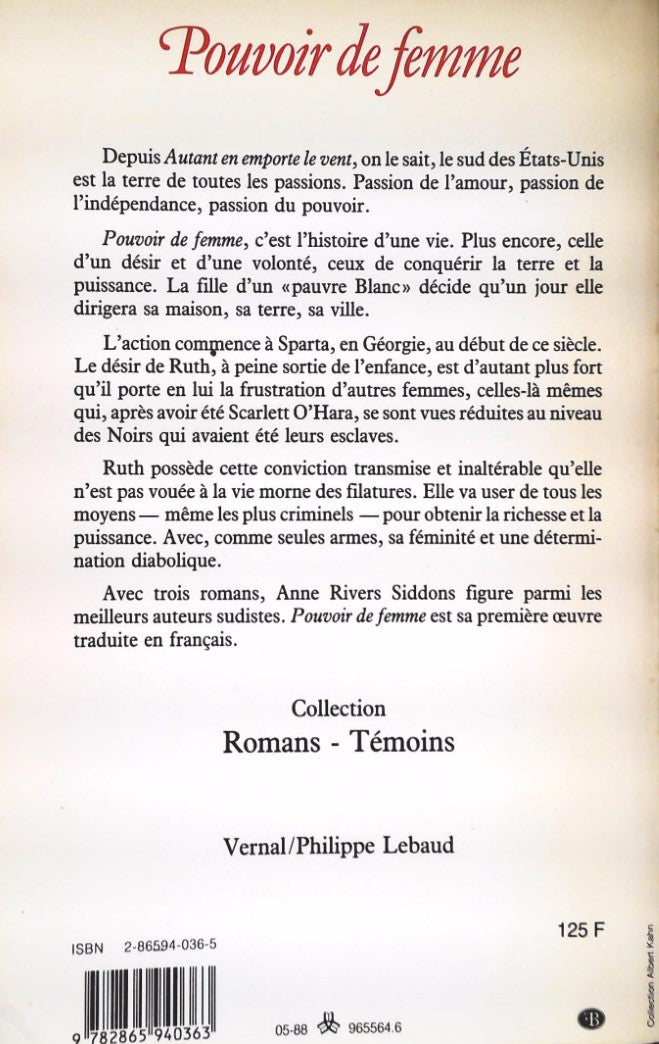 Livre Pouvoir de femme - Anne Rivers Siddons (Livre d'occasion) - ISBN 2865940365