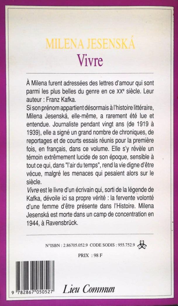 Livre Vivre - Milena Jesenska (Livre d'occasion) - ISBN 2867050529