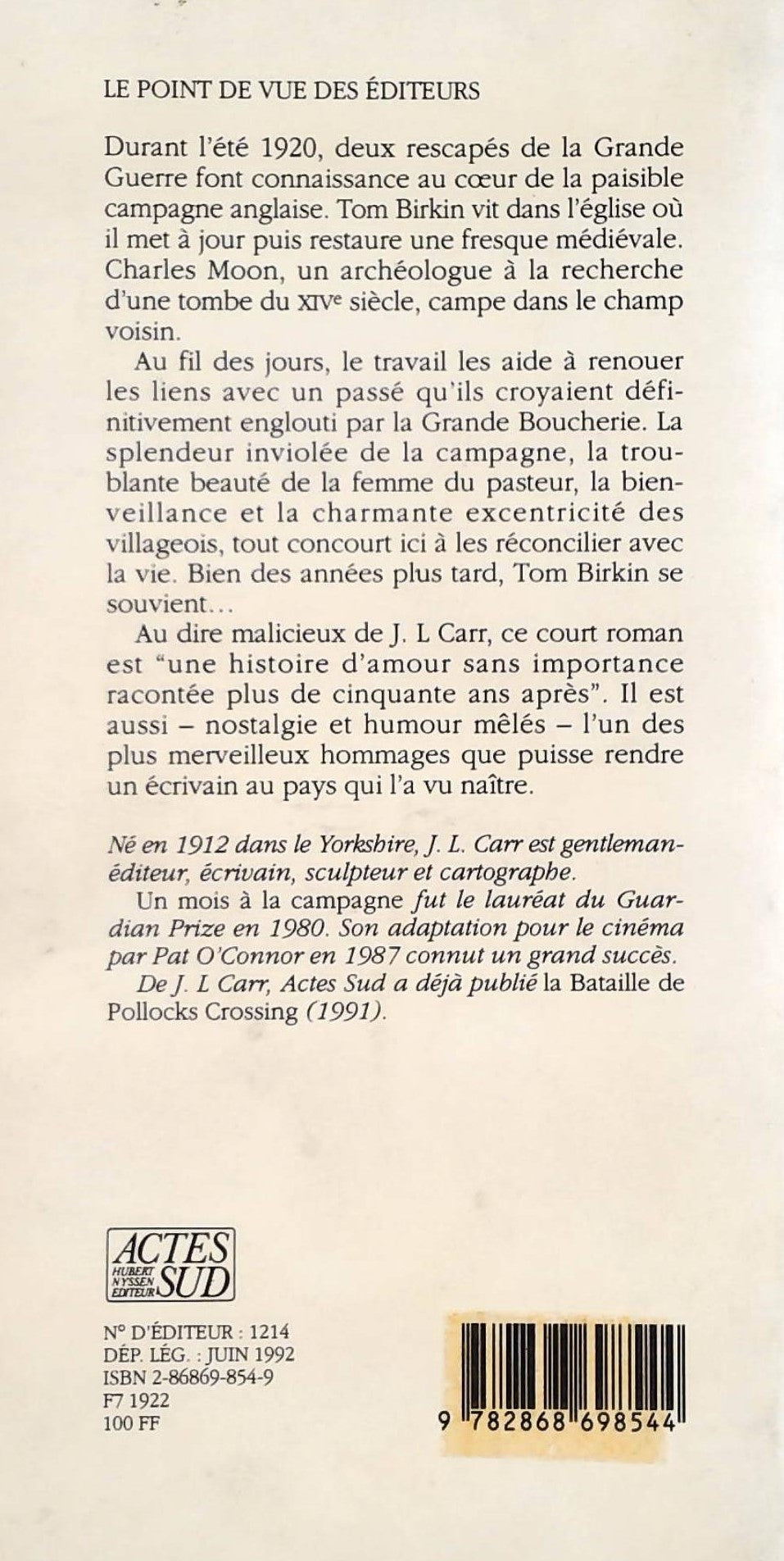 Livre Un mois à la campagne - J.L. Carr (Livre d'occasion) - ISBN 2868698549