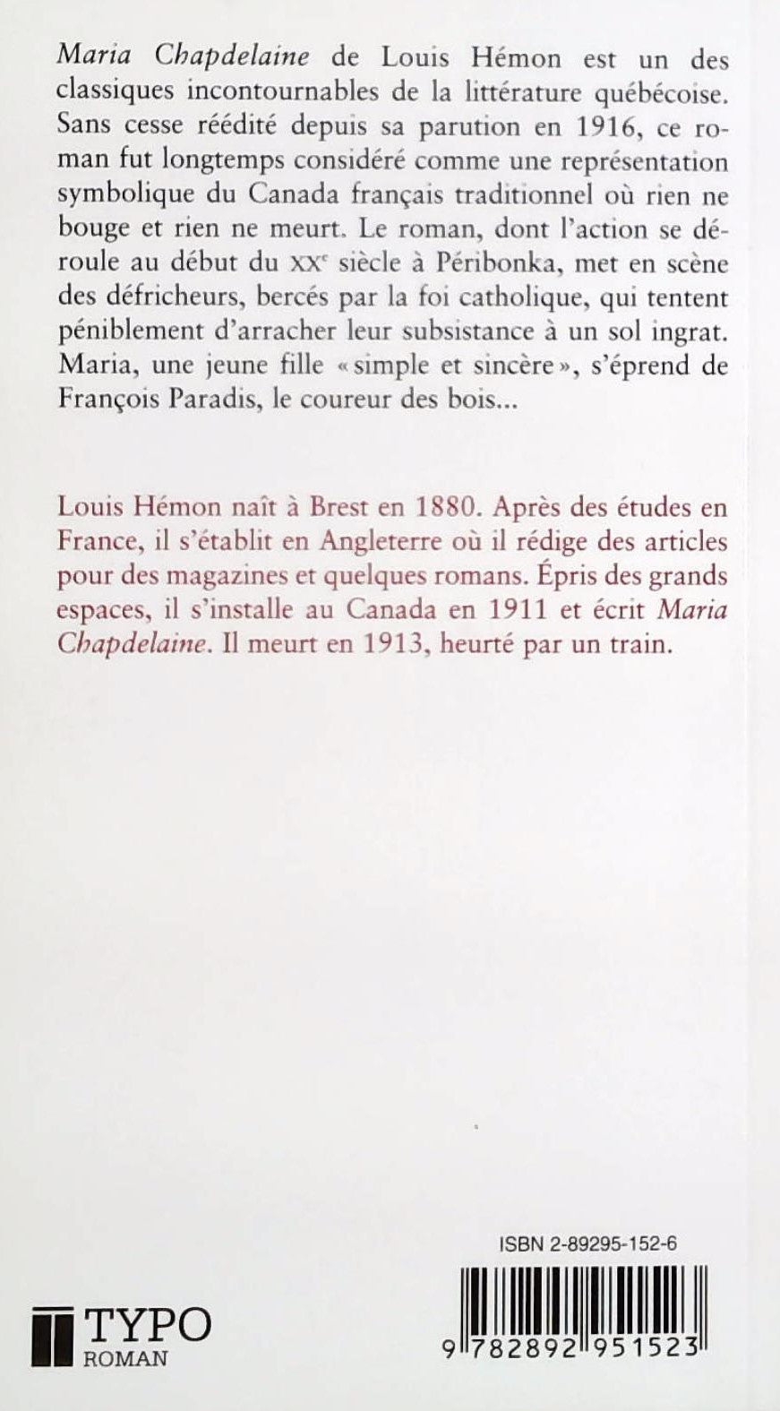Livre Maria Chapdelaine (Louis Hémon) (Livre d'occasion) - ISBN 2892951526